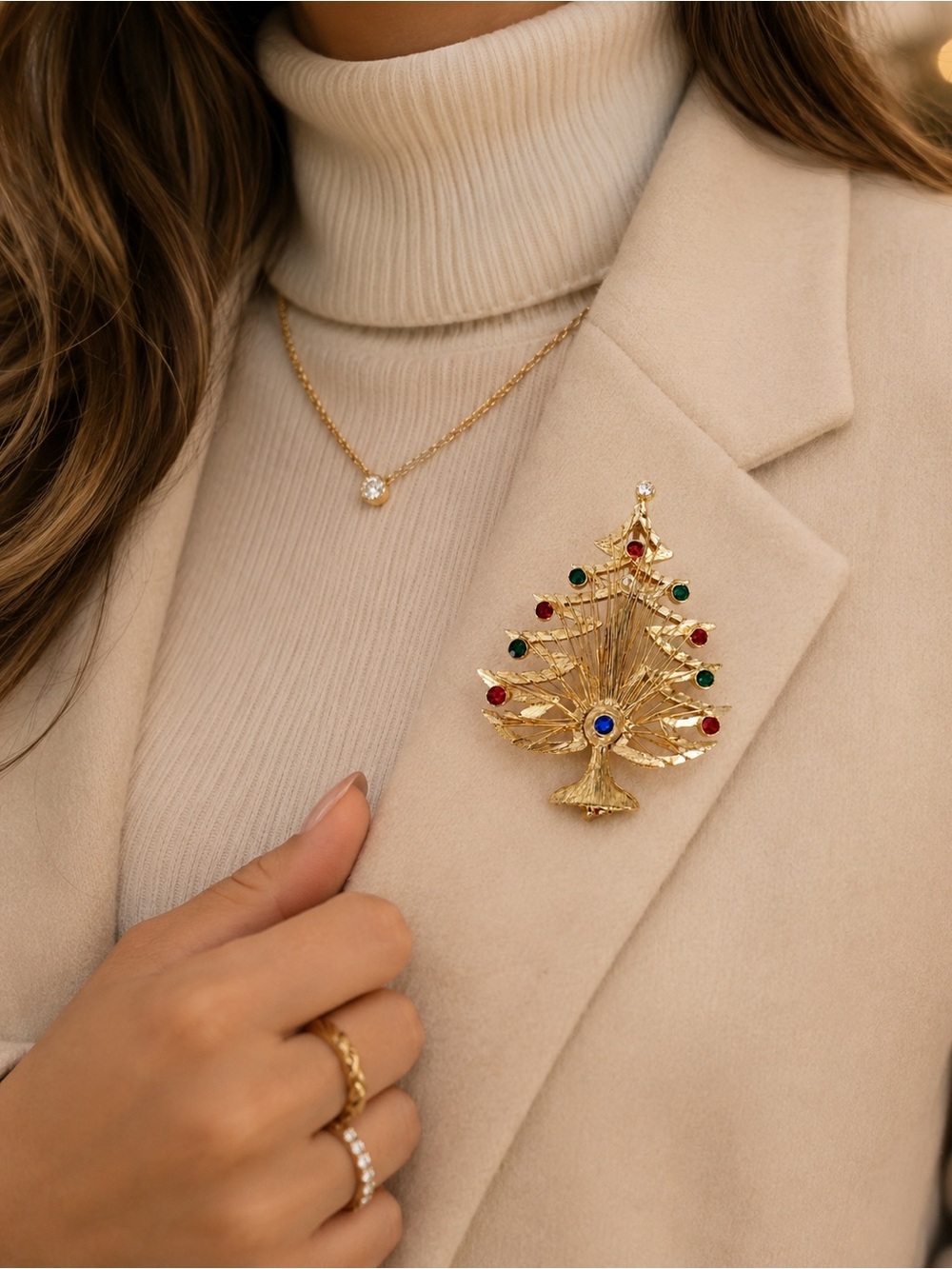 Rare Vintage LJM Christmas Tree Brooch – Gold Tone Rhinestone Holiday Pin